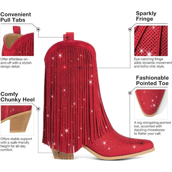 NWT Women’s Cowgirl Boots Rhinestone Fringe Sparkly Western Red Chunky Heel - Picture 5 of 10